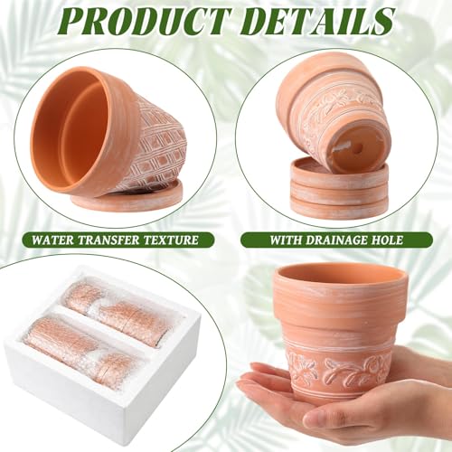Set of 6 Embossed Succulent Pots 4" Small Terracotta Pots with Drainage Hole Saucer Mini Rustic Clay Succulent Planter Pot Decorative Ceramic Cactu Flower Pot for Indoor Outdoor(Lattice Leaf) - size: 4 Inch, style: Lattice and Leaf