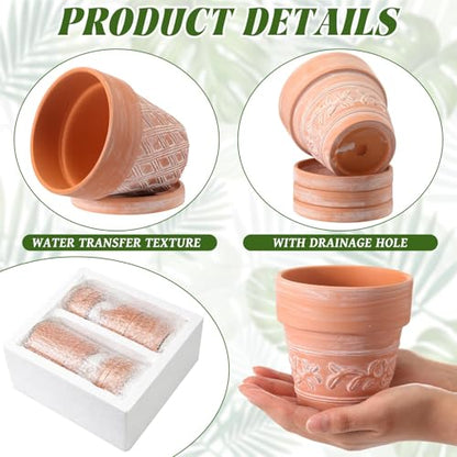 Set of 6 Embossed Succulent Pots 4" Small Terracotta Pots with Drainage Hole Saucer Mini Rustic Clay Succulent Planter Pot Decorative Ceramic Cactu Flower Pot for Indoor Outdoor(Lattice Leaf) - size: 4 Inch, style: Lattice and Leaf