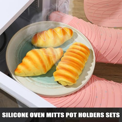 4 Pieces Oven Mitts of Macaron Color Thickened Non-Slip Silicone Kitchen Gloves, Heat Resistant up to 750F, Essential for Kitchen Baking (Pink) - color: Silicone-pink