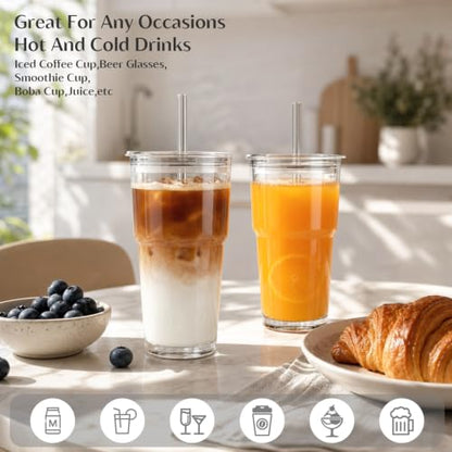 INSETLAN 20 oz Clear Glass Cup with Lid and Glass Straw, Set of 6 Thickened Glass Coffee Tumblers, Drinking Glasses with Straw for Smoothie, Tea, Milk, Whiskey, Water and More – Elegant & Durable - color: 20 oz - 6 Pcs