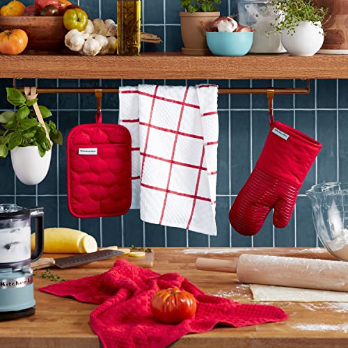 KITCHENAID Quilted Cotton Terry Cloth Oven Mitt, Pot Holder, Kitchen Towel 4-Pack Set, Heat Resistant, Silicone Grip, Gift Set, Passion Red, 16"x26", 7"x13" & 7"x10" - color: Passion Red