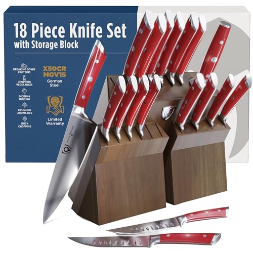 Dalstrong 18-Piece Gladiator Colossal Knife Block Set (Red Handles) — German High-Carbon Steel, Full-Tang, Hand-Sharpened — For Home Chefs, Wedding Registries & Serious Kitchens — Acacia Block, NSF - color: Red, size: 18-Pc