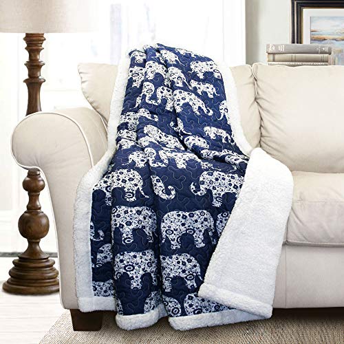 Lush Decor Navy Elephant Parade Throw Fuzzy Reversible Sherpa Blanket 60” x 50 White - color: Elephant Parade Blue, size: 50" x 60"