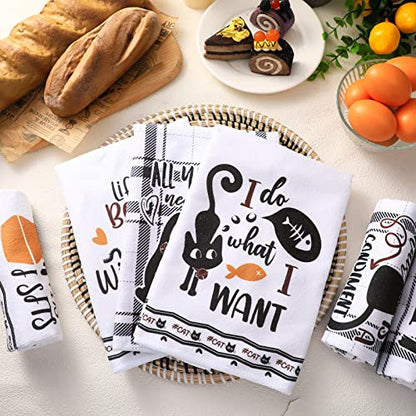 Redbaker 6 Pcs Black Cat Theme Kitchen Towels Funny Dish Towel | Black White Kitchen Hand Tea Dishcloth with Hanging Loop for Cat Lover Bathroom Home Housewarming Gift - style: Black Cat