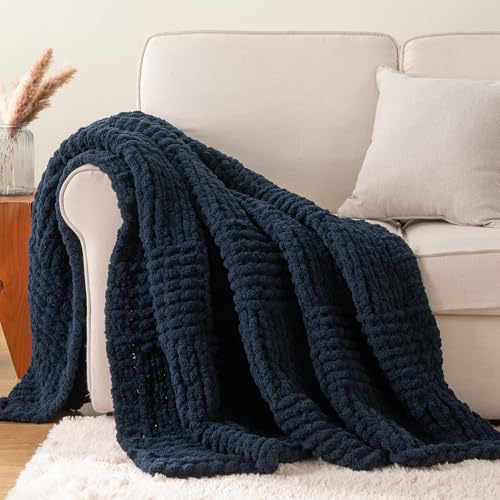 Bunnikins & Clover Navy Blue Throw Blanket for Couch, 50"x60" | Chunky Knit Navy Throw Blanket for Home Decor, Handmade Chenille Cable Knit Blanket - color: Navy