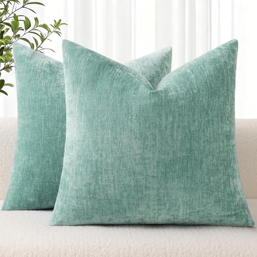 decorUhome Soft Chenille Aqua Haze Throw Pillow Covers 16X16 Set of 2 | Decorative Fall Couch Pillow Covers Solid Dyed Accent Modern Farmhouse Neutral Square Pillow Cases for Sofa - color: Aqua Haze, size: 16" x 16" (Pack of 2)