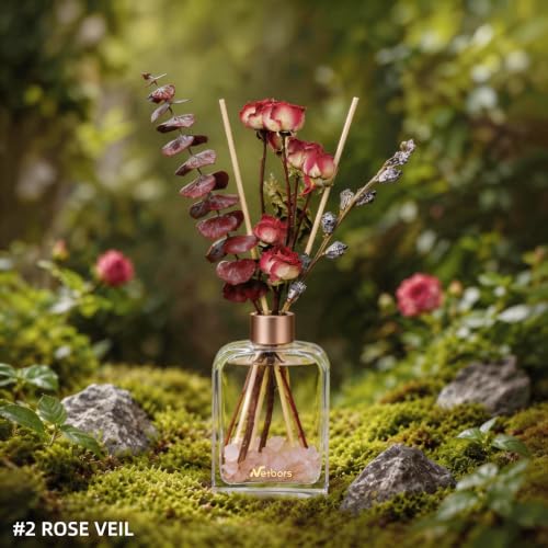 Reed Diffuser Home Fragrance Set 6oz with Real Dried Flowers & Natural Crystal Stones for Positive Energy – DIY Aromatherapy Gift, Safe for Kids and Pets (Rose Veil)