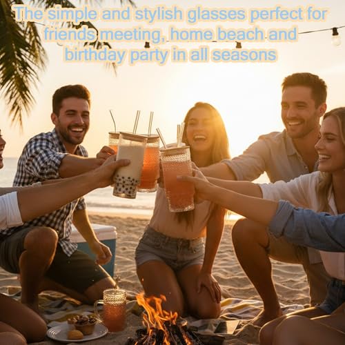 Glass Cups with Lids and Straws 16 oz Drinking Glasses Set of 8 | Ribbed Hobnail Glassware with Bamboo Lid, Iced Coffee Glass Tumbler with Straw and Lid for Hot Cold Drinks Home Kitchen - color: 16oz Mixed*8, size: 16oz