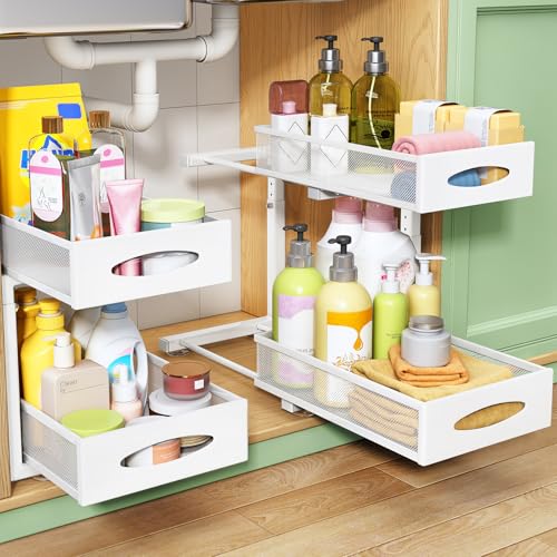 Under Sink Organizer, 2 Tier Pull out Cabinet Organizer Baskets with Mesh Sliding Drawers, Slide out Storage Shelf for Home, Kitchen, Bathroom, Pantry, Office Cabinet(1 Pack, White) - color: White, size: 1 Pack