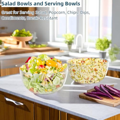 Large Acrylic Salad Bowls and Serving Bowls, Great for Serving Salad, Popcorn, Chips, Dips, Condiments, Break-Resistant Set of 2, Clear 135 oz
