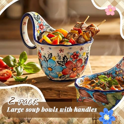 LemonRoad 2 Pack 15 oz Ceramic Soup Bowls with Handle,Roman Garden | Handpainted Decorative Soup Mug, Microwave & Dishwasher Safe, Loop Handle, for Fruit Chili Stew Ice Cream, Gift