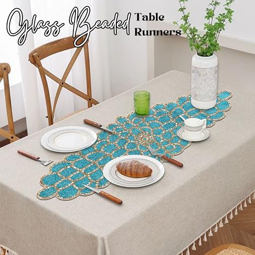 Beaded Table Runner, Blue & Gold, 13x36 | Handmade floral pattern, 85% glass beads, polyester backing, non-slip, dining/console/coffee table, weddings, holidays - color: Teal Gold, size: 36"x13"