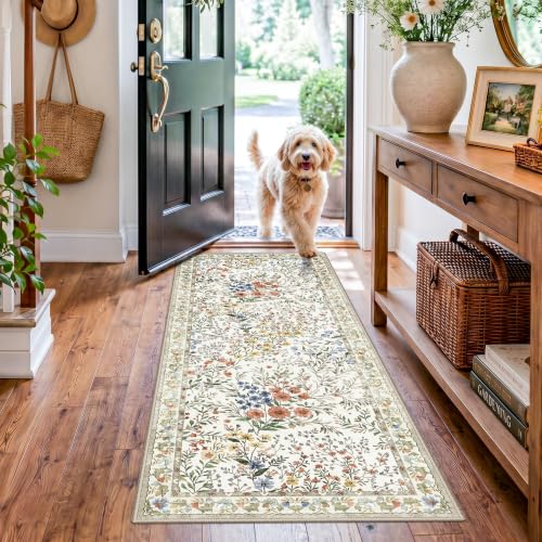 Washable Kitchen Runner Rug 2x5: Vintage Floral Rug for Kitchen Entryway - Machine Washable Non Slip Low Pile Carpet - Soft Foldable Runner for Everyday Family Use - 2'x5' Beige - color: Beige, size: 2x5