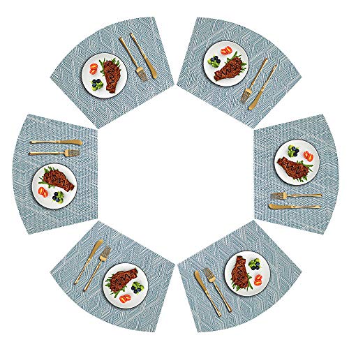 Round Table Placemats Set of 6,Woven Vinyl Wedge Placemats Heat Resistant Table Mats Wipe Clean (Light Blue) - color: Wedge:blue
