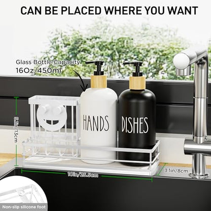Moforoco Kitchen Dish Soap Dispenser Set, 16OZ Glass Bottle, Hand and Dish Soap Dispenser Set, Instant Dry Tray, Brush Holder with Smiley Face Sponge Holder (White Tray+Black&White Bottle) - color: White Tray+black&white Bottle
