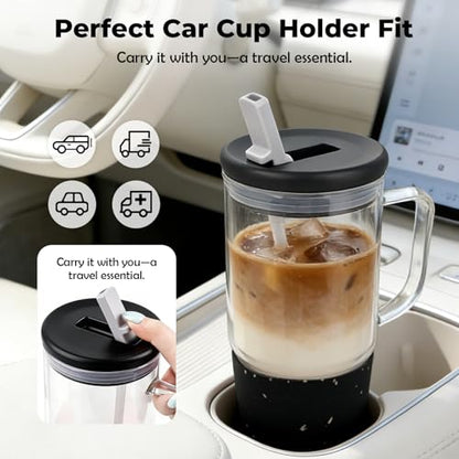 40oz Glass Tumbler with Flip Straw Lid, Handle, Silicone Sleeve, Black | Leakproof Lid, Fits Car Cup Holder Glass for Iced Coffee, Water, Cold Drinks, Travel, Outdoor, Partys&Home - color: Black
