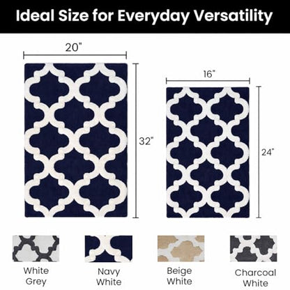 C23 Bathroom Rug Set of 2 (20"x32" & 16"x24") - 2200 GSM Ultra-Absorbent Plush Bath Mats Navy Blue & White - color: Navy/White