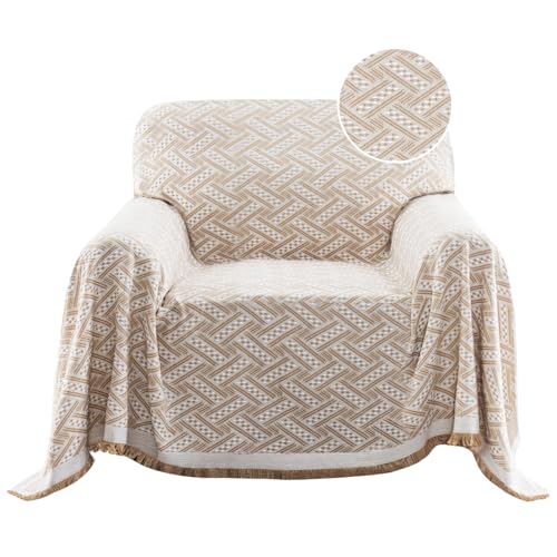 Turquoize Cotton Sofa Cover Couch Cover Furniture Throw Cover for Couches Washable Sectional Sofa Couch Covers for Dogs Feature Geometrical Woven Jacquard Fabric(71"x 91", Medium, Khaki/White) - color: Khaki/White, size: Medium: 71"x 91"