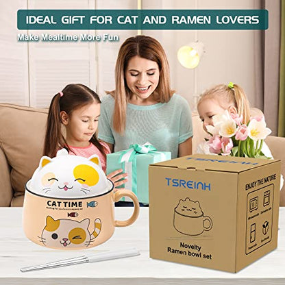 Ramen Bowl Set with Chopsticks, Cute Cat Instant Ramen Noodle Bowls with Lid, 34.5 OZ Extra Large Ceramic Soup Bowls with Handle, Japanese Ramen Cooker, Microwave safe (Yellow) - color: Yellow