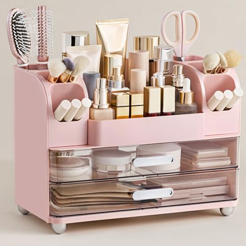 HBlife Makeup Organizer for Vanity with Brush Holder, Large Bathroom Countertop Cosmetic Organizer Skin Care Storage, Easy to Store Lipsticks, Nail Polishes, Perfumes, Eyeshadow Palettes, Pink - color: Pink