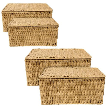 RoyalHouse Woven Stackable Storage Baskets with Lid, Decorative Rope Organizer Bin - Set of 4 (4 Sizes), Beige (No Liner)