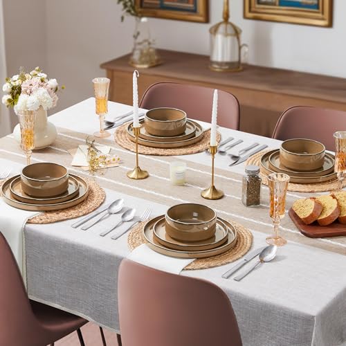 LIANYU Dinnerware Sets for 4, 12 Piece Modern Stoneware Dishes Set | Elegant Plate and Bowl, Ceramic Dining Dishware for Dinner, Rustic Terracotta Bottom, Microwave & Dishwasher Safe, Amber Gold - color: Amber Gold