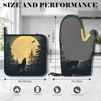 Black Wolf Howling at The Moon Oven Mitt and Pot Holder with Silicone Heat Resistant Kitchen for Cooking BBQ Baking Grilling Cooking Protection - color: Black Wolf Howling at the Moon