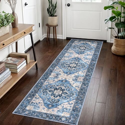 SIILOOM 2x7 Washable Runner Rug, Non Slip Soft Area Rug for Hallway Kitchen | Boho Vintage Spill & Stain Resistant Low Pile Carpet for Entryway Office Laundry Bedroom, Easy Clean - color: Blue, size: 2' x 7' (Runner)
