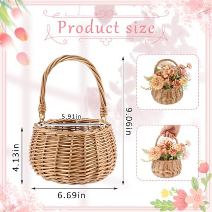 Weysat 2 Pcs Small Flower Girl Basket with Handle Wicker Rattan Flower Basket Set, Rustic, Hand Woven for Wedding Girl Home Decorations Picnic Garden Candy Sweets Gifts Storage, Multifunctional - style: Natural