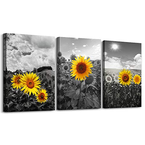 Canvas Wall Art - Family Wall Decor, Kitchen & Bedroom - Black & White Pastoral Scenery - Sunflower Flowers - 16x12, 3 Piece - color: Black And White Yellow Sunflower, size: 12x16inches*3pcs