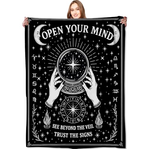 Black White Tarot Zodiac Signs Blanket Halloween Holiday Decor Occult Throw Gifts for Adults Lightweight Soft Fleece Divination Crystal Ball Blankets for Sofa Couch Witchy Decoration 40x50in - color: Astrology, size: 40x50in