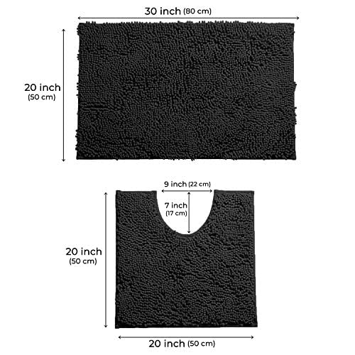 LuxUrux Bathroom Rugs Sets 2 Piece: Quick Dry, Soft Plush Anti-Slip, Super Absorbent. Includes Rectangular (31x20 inches) & U-Shaped Toilet Mat (20x20 inches) | Black - color: Black, size: 2 Piece Set