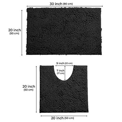 LuxUrux Bathroom Rugs Sets 2 Piece: Quick Dry, Soft Plush Anti-Slip, Super Absorbent. Includes Rectangular (31x20 inches) & U-Shaped Toilet Mat (20x20 inches) | Black - color: Black, size: 2 Piece Set
