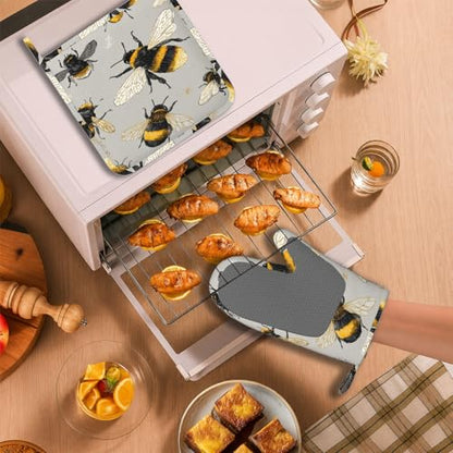 Happy Busy Bees Oven Mitts and Pot Holders Sets Non-Slip Silicone Surface for BBQ Gloves,Kitchen,Cooking,Baking,Grilling - color: Happy Busy Bees