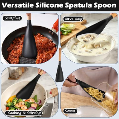 Cooking Spoon for Nonstick Cookwares, Multifunction Spatula Spoon, Great for Both Cooking and Serving, Wood Handle Spoon for Stirring, Mixing, Serving (2, BLACK) - color: Black