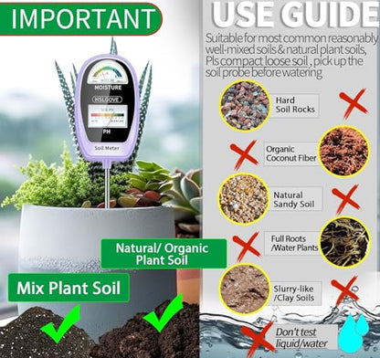 HSLGOVE Soil Test Kit, 2-in-1 Soil Moisture Meter/Soil PH Meter, Dual Screen Soil Tester, Soil Moisture Meter for Plants Watering/Gardening for Lawn,Farm Indoor&Outdoor Use-Lavender Purple