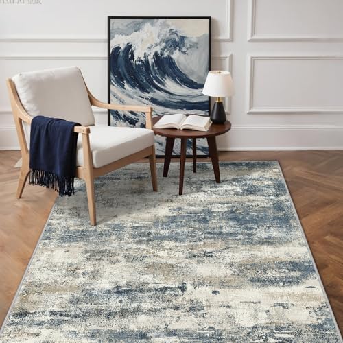 GENIMO 3x5 Small Washable Area Rug Non Slip for Living Room, Navy Blue Gray | Modern Abstract, Lightweight Low Pile Thin Throw Rugs, Spill and Stain Resistant Soft Feel for Kitchen, Bedroom, Home Office - color: Navy Blue Gray, size: 3' x 5' (Rectangular)