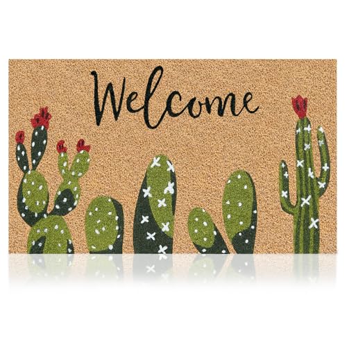 Coir Welcome Mat, Non-Slip, Cactus, 17 x 29 in | 100% Natural Coir, Anti-Shedding, Durable PVC Backing, Traps Dirt and Mud, Indoor and Outdoor Entryway, Easy to Clean - color: Cactus, size: 2'5" x 1'5" (Rectangular)