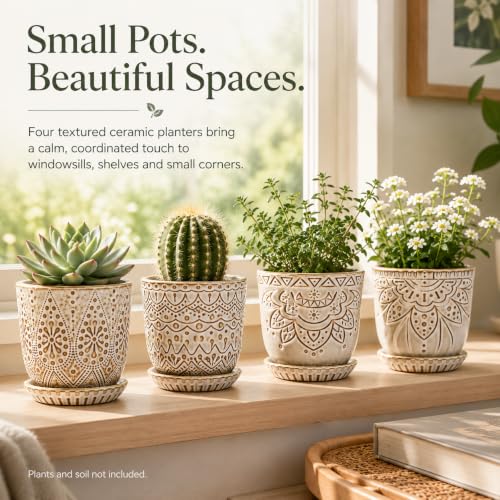 Gepege Ceramic Succulent Pots, 4 Inch Small Plant Pots with Drainage | Ceramic succulent pots with drainage holes, ceramic saucers and mesh pads, set of 4, ideal for cactus and succulents - color: Cream White, size: 4 Inch - Set of 4