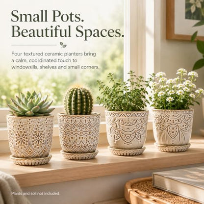 Gepege Ceramic Succulent Pots, 4 Inch Small Plant Pots with Drainage | Ceramic succulent pots with drainage holes, ceramic saucers and mesh pads, set of 4, ideal for cactus and succulents - color: Cream White, size: 4 Inch - Set of 4