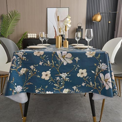 Pioggia Vinyl Tablecloth with Flannel Backing - Waterproof, Oil-Proof, Easy to Clean -Rectangle Plastic Table Cloth - Perfect for Dining Tables, Kitchen Tables, Parties - color: Blue Flower, size: 84" x 60" (Rectangular)