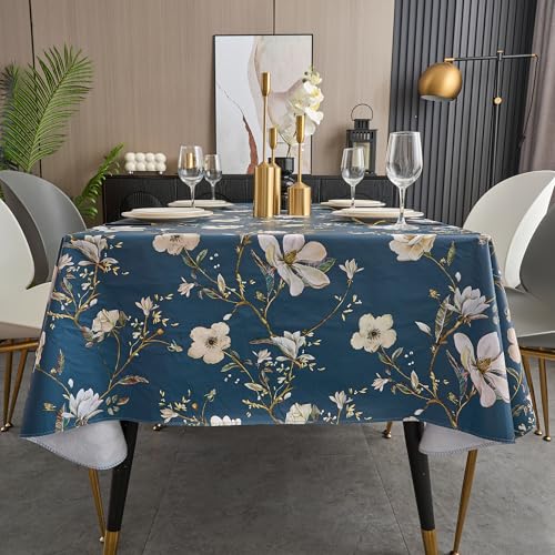 Pioggia Vinyl Tablecloth with Flannel Backing - Waterproof, Oil-Proof, Easy to Clean -Rectangle Plastic Table Cloth - Perfect for Dining Tables, Kitchen Tables, Parties - color: Blue Flower, size: 120" x 60" (Rectangular)