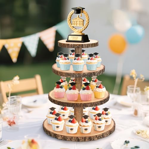 Wooden Cupcake Stand for 24 Cupcakes 4-Tier Dessert Tower Rustic Tiered Display Stand for Woodland Baby Shower Decorations, Farmers Market Decor, Wedding, Birthday, Graduation, Tea Party