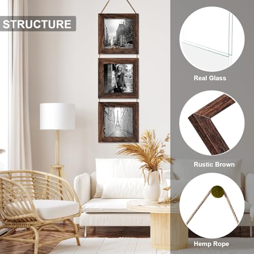 4X4 Picture Frame, Wall Hanging Picture Frames Collage with 3 Opening Frames Distress Rustic Brown - color: Brown, size: 4x4