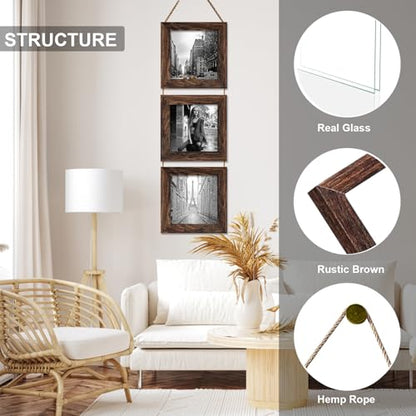 4X4 Picture Frame, Wall Hanging Picture Frames Collage with 3 Opening Frames Distress Rustic Brown - color: Brown, size: 4x4