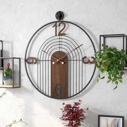 Modern Large Walnut Dial Wall Clock, Wood Metal Frame Silent Non Ticking Wall Clocks Decoration for Living Room, Bedroom, Kitchen, Study, Handmade Home Decor Present Idea, 22 Inch - size: 1.Large(22 in)