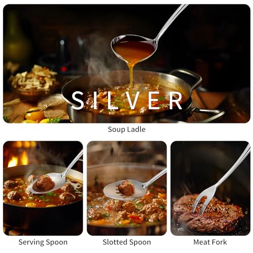 304 Stainlss Steel Kitchen Utensils Set, 11 Pcs Long Metal Cooking Utensil Gadgets Tools Set with Spatula, Spoon, Ladle, Skimmer, Turner, Pasta Server, Tongs(Mirror Polished, Dishwasher Safe) - size: 11Pcs-Silver
