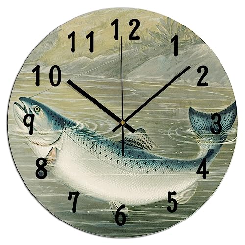 Clocks Battery Operated Fishing Wall Clocks Kitchen Rainbow Trout Fish PVC Wall Clocks for Farmhouse Modern Silent Wall Clock for Kids Room 10x10 Inch - color: Style, size: 10x10in（black）