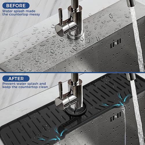 24" Splash Guard Plus Size Silicone Sink Faucet Drying Mat Handle Drip Catcher Tray Dish Sponge Holder Kitchen Accessories Protector Home Organization Gadgets Organizer - size: Black: 23.4"x5.7"