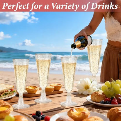 GuanQiao 40 Pack Plastic Champagne Flutes, 5.5 OZ Disposable Plastic Champagne Glasses with Gold Glitter, Wine Glasses Cups for Wedding Celebration Party Wine Tasting New Years Eve Supplies - color: Gold Glitter, size: 40-pack